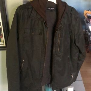 Dark green men’s leather jacket w/removable hood
